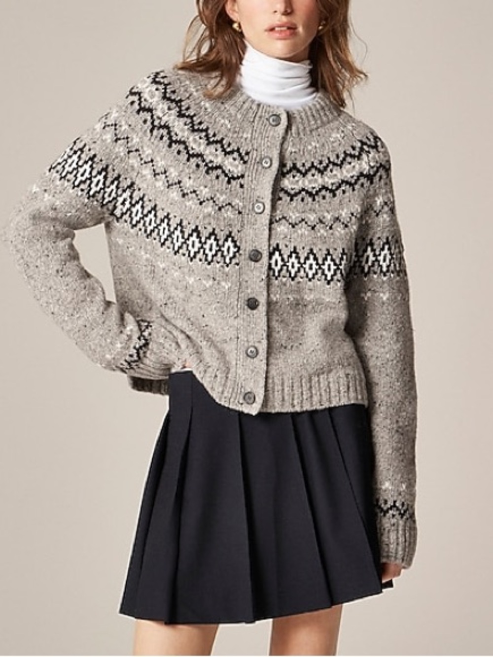 J. Crew Wool Fair Isle Cardigan Sweater Light Grey Sz Small